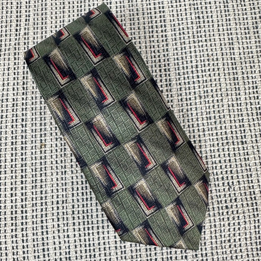 Vintage Pierre Cardin Necktie Mens OS Green Geometric Silk Abstract Tie 80s 90s
